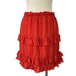 Tory Burch Floral Textured Tiered Ruffle Trim Mini Skirt Red-Orange XS